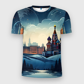 Мужская футболка 3D Slim с принтом Площадь  новогодняя в Белгороде, 100% полиэстер с улучшенными характеристиками | приталенный силуэт, круглая горловина, широкие плечи, сужается к линии бедра | 