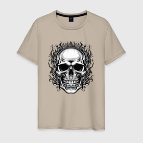 Мужская футболка хлопок с принтом Skull on fire from napalm 696 в Петрозаводске, 100% хлопок | прямой крой, круглый вырез горловины, длина до линии бедер, слегка спущенное плечо. | 