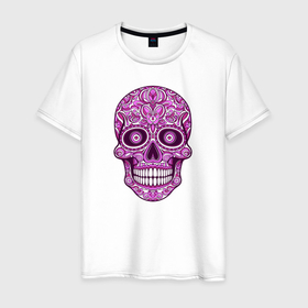 Мужская футболка хлопок с принтом Череп мексиканский в розовых оттенках в Тюмени, 100% хлопок | прямой крой, круглый вырез горловины, длина до линии бедер, слегка спущенное плечо. | Тематика изображения на принте: 
