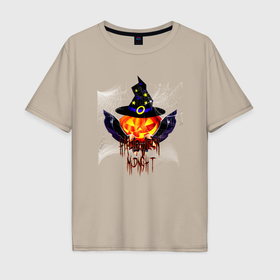 Мужская футболка хлопок Oversize с принтом Scary looking pumpkin with big swords в Екатеринбурге, 100% хлопок | свободный крой, круглый ворот, “спинка” длиннее передней части | 