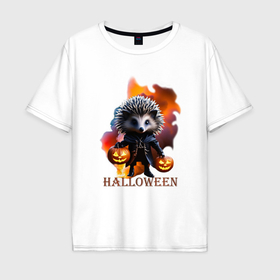 Мужская футболка хлопок Oversize с принтом Таинственный ежик Хэллоуина в Екатеринбурге, 100% хлопок | свободный крой, круглый ворот, “спинка” длиннее передней части | 