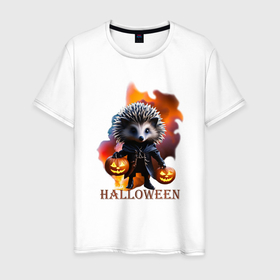 Мужская футболка хлопок с принтом Таинственный ежик Хэллоуина в Екатеринбурге, 100% хлопок | прямой крой, круглый вырез горловины, длина до линии бедер, слегка спущенное плечо. | 