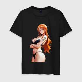 Мужская футболка хлопок с принтом Нами в белье   One Piece в городе Новоалтайск, 100% хлопок | прямой крой, круглый вырез горловины, длина до линии бедер, слегка спущенное плечо. | 