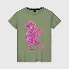 Женская футболка хлопок с принтом Розовый  фэнтези дракон , 100% хлопок | прямой крой, круглый вырез горловины, длина до линии бедер, слегка спущенное плечо | 