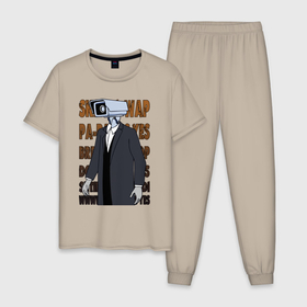 Мужская пижама хлопок с принтом Camera man   skibidi в Петрозаводске, 100% хлопок | брюки и футболка прямого кроя, без карманов, на брюках мягкая резинка на поясе и по низу штанин
 | 