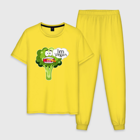 Мужская пижама хлопок с принтом Im vegan broccoli в Кировске, 100% хлопок | брюки и футболка прямого кроя, без карманов, на брюках мягкая резинка на поясе и по низу штанин
 | 