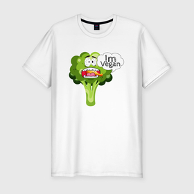 Мужская футболка хлопок Slim с принтом Im vegan broccoli в Курске, 92% хлопок, 8% лайкра | приталенный силуэт, круглый вырез ворота, длина до линии бедра, короткий рукав | 