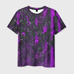 Мужская футболка 3D с принтом Фиолетовая адская киберпанк броня в Тюмени, 100% полиэфир | прямой крой, круглый вырез горловины, длина до линии бедер | 