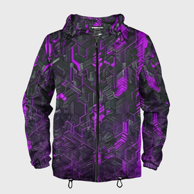 Мужская ветровка 3D с принтом Фиолетовая адская киберпанк броня в Кировске, 100% полиэстер | подол и капюшон оформлены резинкой с фиксаторами, два кармана без застежек по бокам, один потайной карман на груди | 