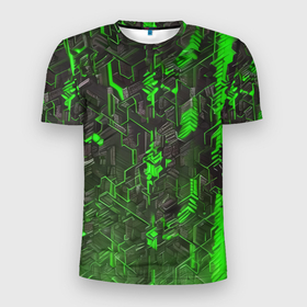 Мужская футболка 3D Slim с принтом Зелёная адская киберпанк броня в Новосибирске, 100% полиэстер с улучшенными характеристиками | приталенный силуэт, круглая горловина, широкие плечи, сужается к линии бедра | 