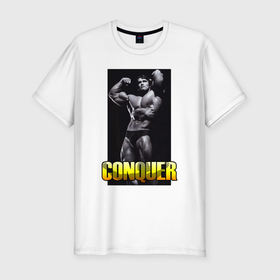 Мужская футболка хлопок Slim с принтом Schwarzenegger   olimpia в Санкт-Петербурге, 92% хлопок, 8% лайкра | приталенный силуэт, круглый вырез ворота, длина до линии бедра, короткий рукав | 
