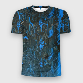 Мужская футболка 3D Slim с принтом Синяя адская киберпанк броня в Новосибирске, 100% полиэстер с улучшенными характеристиками | приталенный силуэт, круглая горловина, широкие плечи, сужается к линии бедра | 