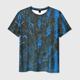 Мужская футболка 3D с принтом Синяя адская киберпанк броня в Тюмени, 100% полиэфир | прямой крой, круглый вырез горловины, длина до линии бедер | 