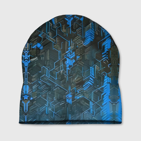 Шапка 3D с принтом Синяя адская киберпанк броня в Новосибирске, 100% полиэстер | универсальный размер, печать по всей поверхности изделия | Тематика изображения на принте: 