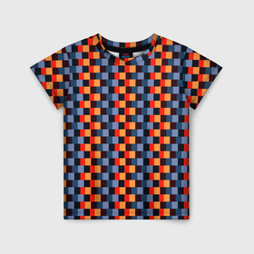 Детская футболка 3D с принтом Сине оранжевые квадратики пиксели в Санкт-Петербурге, 100% гипоаллергенный полиэфир | прямой крой, круглый вырез горловины, длина до линии бедер, чуть спущенное плечо, ткань немного тянется | 