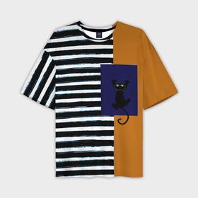 Мужская футболка oversize 3D с принтом Оранжевый и бело чёрные полосы  чёрный кот ,  |  | Тематика изображения на принте: 
