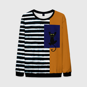 Мужской свитшот 3D с принтом Оранжевый и бело чёрные полосы  чёрный кот в Екатеринбурге, 100% полиэстер с мягким внутренним слоем | круглый вырез горловины, мягкая резинка на манжетах и поясе, свободная посадка по фигуре | 