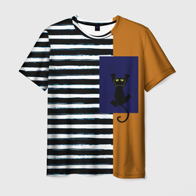 Мужская футболка 3D с принтом Оранжевый и бело чёрные полосы  чёрный кот , 100% полиэфир | прямой крой, круглый вырез горловины, длина до линии бедер | 