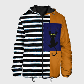 Мужская куртка 3D с принтом Оранжевый и бело чёрные полосы  чёрный кот в Белгороде, ткань верха — 100% полиэстер, подклад — флис | прямой крой, подол и капюшон оформлены резинкой с фиксаторами, два кармана без застежек по бокам, один большой потайной карман на груди. Карман на груди застегивается на липучку | 
