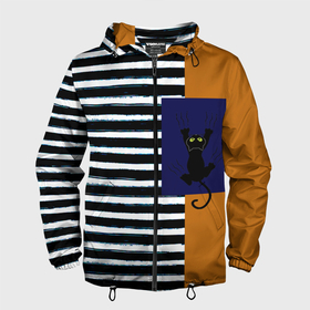 Мужская ветровка 3D с принтом Оранжевый и бело чёрные полосы  чёрный кот в Курске, 100% полиэстер | подол и капюшон оформлены резинкой с фиксаторами, два кармана без застежек по бокам, один потайной карман на груди | 