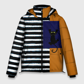 Мужская зимняя куртка 3D с принтом Оранжевый и бело чёрные полосы  чёрный кот в Новосибирске, верх — 100% полиэстер; подкладка — 100% полиэстер; утеплитель — 100% полиэстер | длина ниже бедра, свободный силуэт Оверсайз. Есть воротник-стойка, отстегивающийся капюшон и ветрозащитная планка. 

Боковые карманы с листочкой на кнопках и внутренний карман на молнии. | Тематика изображения на принте: 