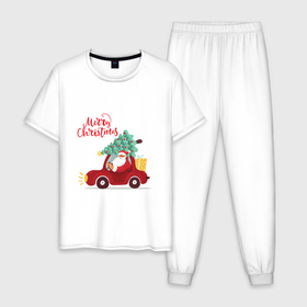 Мужская пижама хлопок с принтом Красная машина с елкой в Белгороде, 100% хлопок | брюки и футболка прямого кроя, без карманов, на брюках мягкая резинка на поясе и по низу штанин
 | Тематика изображения на принте: 