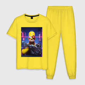 Мужская пижама хлопок с принтом Cyber Homer Simpson   ai art в Белгороде, 100% хлопок | брюки и футболка прямого кроя, без карманов, на брюках мягкая резинка на поясе и по низу штанин
 | 