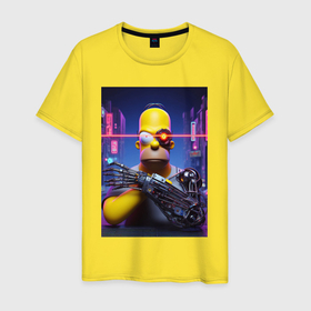 Мужская футболка хлопок с принтом Cyber Homer Simpson   ai art в Санкт-Петербурге, 100% хлопок | прямой крой, круглый вырез горловины, длина до линии бедер, слегка спущенное плечо. | 