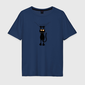 Мужская футболка хлопок Oversize с принтом Скользящий по ткани чёрный кот , 100% хлопок | свободный крой, круглый ворот, “спинка” длиннее передней части | Тематика изображения на принте: 