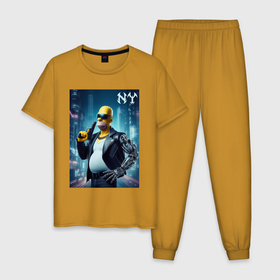 Мужская пижама хлопок с принтом Cyber Homer with a gun in New York   ai art в Курске, 100% хлопок | брюки и футболка прямого кроя, без карманов, на брюках мягкая резинка на поясе и по низу штанин
 | 
