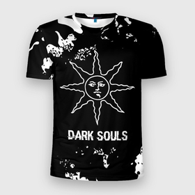 Мужская футболка 3D Slim с принтом Dark Souls glitch на темном фоне в Тюмени, 100% полиэстер с улучшенными характеристиками | приталенный силуэт, круглая горловина, широкие плечи, сужается к линии бедра | 