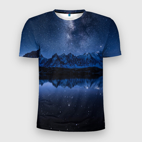 Мужская футболка 3D Slim с принтом Галактическая зимняя ночь в горах в Кировске, 100% полиэстер с улучшенными характеристиками | приталенный силуэт, круглая горловина, широкие плечи, сужается к линии бедра | 