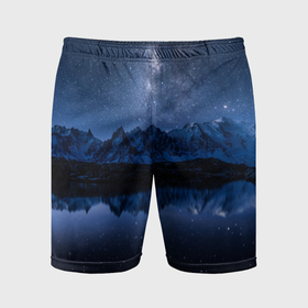 Мужские шорты спортивные с принтом Галактическая зимняя ночь в горах ,  |  | Тематика изображения на принте: 
