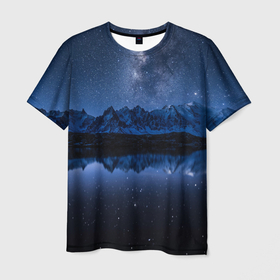 Мужская футболка 3D с принтом Галактическая зимняя ночь в горах в Рязани, 100% полиэфир | прямой крой, круглый вырез горловины, длина до линии бедер | 