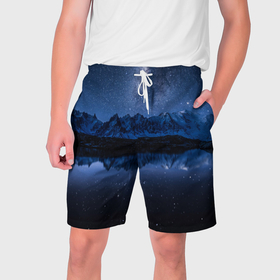 Мужские шорты 3D с принтом Галактическая зимняя ночь в горах в Рязани,  полиэстер 100% | прямой крой, два кармана без застежек по бокам. Мягкая трикотажная резинка на поясе, внутри которой широкие завязки. Длина чуть выше колен | 