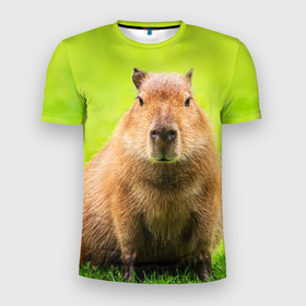 Мужская футболка 3D Slim с принтом Capybara on green grass в Белгороде, 100% полиэстер с улучшенными характеристиками | приталенный силуэт, круглая горловина, широкие плечи, сужается к линии бедра | 