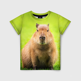 Детская футболка 3D с принтом Capybara on green grass в Белгороде, 100% гипоаллергенный полиэфир | прямой крой, круглый вырез горловины, длина до линии бедер, чуть спущенное плечо, ткань немного тянется | 