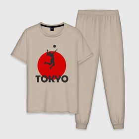 Мужская пижама хлопок с принтом Волейбол в Токио в Курске, 100% хлопок | брюки и футболка прямого кроя, без карманов, на брюках мягкая резинка на поясе и по низу штанин
 | 