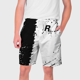 Мужские шорты 3D с принтом Rock Star games лого краски в Екатеринбурге,  полиэстер 100% | прямой крой, два кармана без застежек по бокам. Мягкая трикотажная резинка на поясе, внутри которой широкие завязки. Длина чуть выше колен | Тематика изображения на принте: 