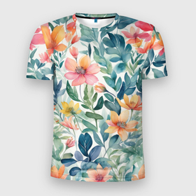 Мужская футболка 3D Slim с принтом Акварельный сад цветов в Тюмени, 100% полиэстер с улучшенными характеристиками | приталенный силуэт, круглая горловина, широкие плечи, сужается к линии бедра | Тематика изображения на принте: 