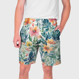Мужские шорты 3D с принтом Акварельный сад цветов в Курске,  полиэстер 100% | прямой крой, два кармана без застежек по бокам. Мягкая трикотажная резинка на поясе, внутри которой широкие завязки. Длина чуть выше колен | 