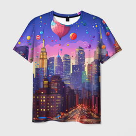 Мужская футболка 3D с принтом Праздничный город с воздушными шарами в Белгороде, 100% полиэфир | прямой крой, круглый вырез горловины, длина до линии бедер | 