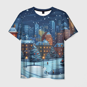 Мужская футболка 3D с принтом Новогодний   снежный  городок , 100% полиэфир | прямой крой, круглый вырез горловины, длина до линии бедер | 