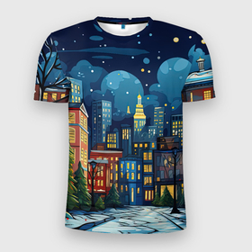 Мужская футболка 3D Slim с принтом Ночной   город новый год в Екатеринбурге, 100% полиэстер с улучшенными характеристиками | приталенный силуэт, круглая горловина, широкие плечи, сужается к линии бедра | 