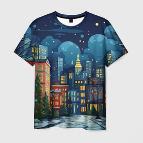 Мужская футболка 3D с принтом Ночной   город новый год в Петрозаводске, 100% полиэфир | прямой крой, круглый вырез горловины, длина до линии бедер | Тематика изображения на принте: 