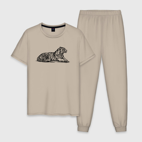 Мужская пижама хлопок с принтом Тигр лежит , 100% хлопок | брюки и футболка прямого кроя, без карманов, на брюках мягкая резинка на поясе и по низу штанин
 | Тематика изображения на принте: 