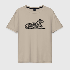 Мужская футболка хлопок Oversize с принтом Тигр лежит , 100% хлопок | свободный крой, круглый ворот, “спинка” длиннее передней части | Тематика изображения на принте: 