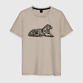 Мужская футболка хлопок с принтом Тигр лежит , 100% хлопок | прямой крой, круглый вырез горловины, длина до линии бедер, слегка спущенное плечо. | Тематика изображения на принте: 