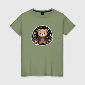 Женская футболка хлопок с принтом Милый плюшевый медвежонок в кофте в Курске, 100% хлопок | прямой крой, круглый вырез горловины, длина до линии бедер, слегка спущенное плечо | 