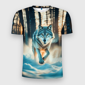 Мужская футболка 3D Slim с принтом Волк в темном лесу в Курске, 100% полиэстер с улучшенными характеристиками | приталенный силуэт, круглая горловина, широкие плечи, сужается к линии бедра | Тематика изображения на принте: 